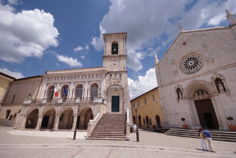 Main square of Norcia, Umbria, Italy royalty free stock images