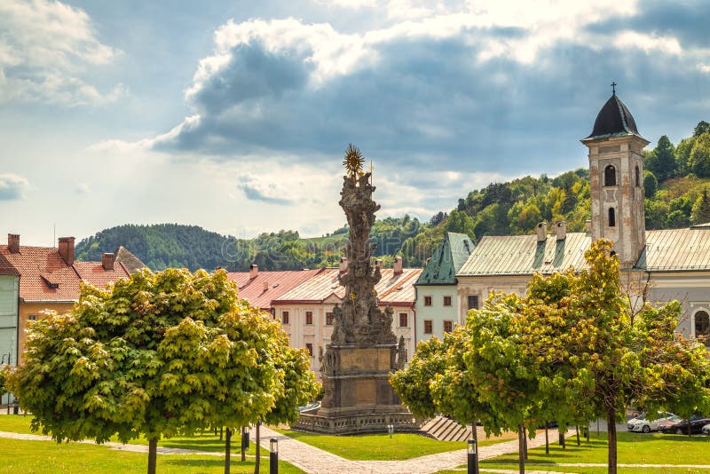 Main square with Plague column in Kremnica, important medieval m