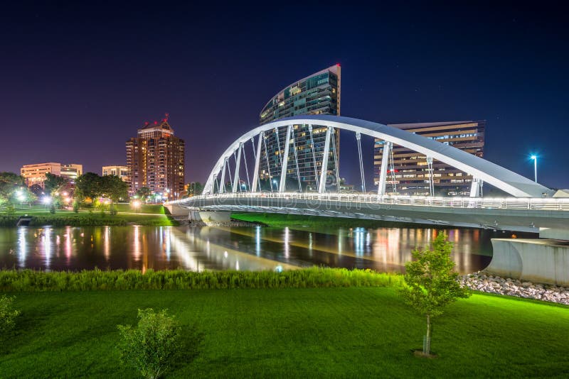 The Main Street Bridge and Scioto River at Night, in Columbus, Ohio