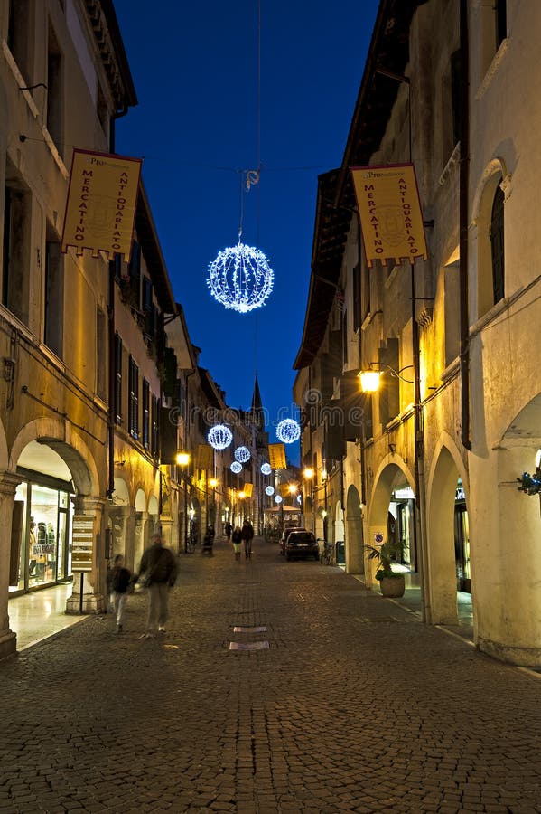 The Main Street of Pordenone City Illuminated for Christmas. Italy