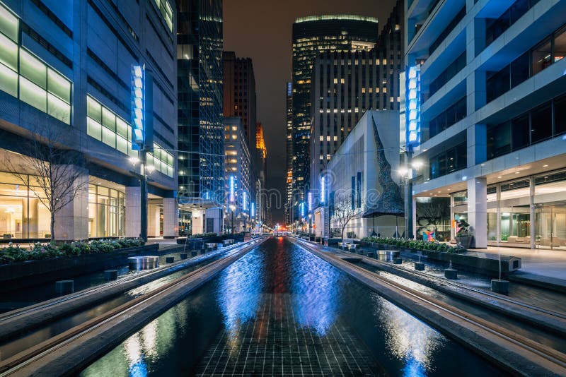 Main Street Square at night, in downtown Houston, Texas stock photo
