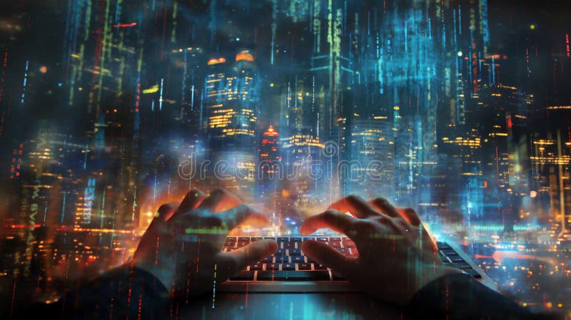 Main tapant sur un clavier recouvert d'un paysage cyberpunk vif reflétant un monde numérique high-tech illustration stock