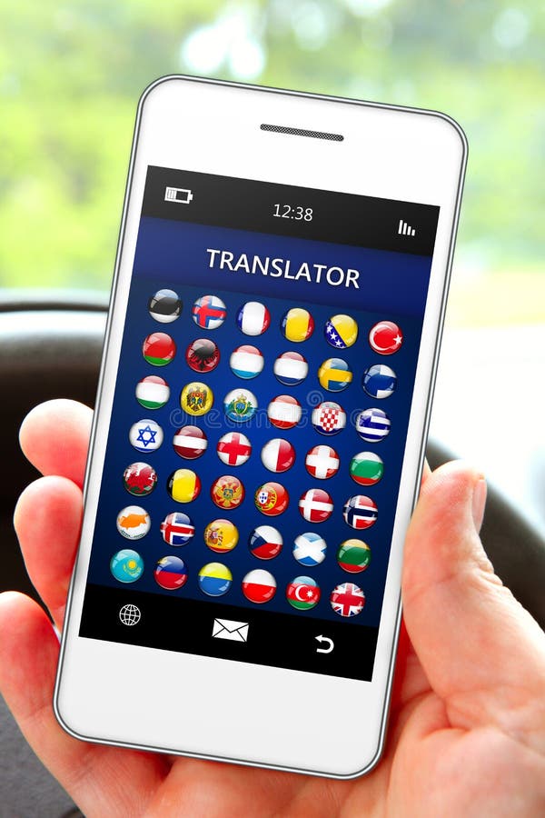 Hand holding mobile phone with language translator application in the car. Hand holding mobile phone with language translator application in the car