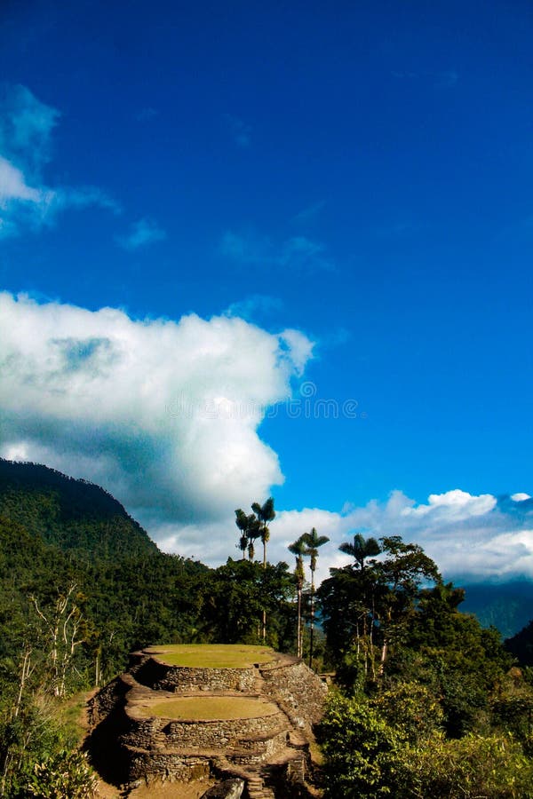 Main terraces of lost city with blue sky indigenous name Teyuna