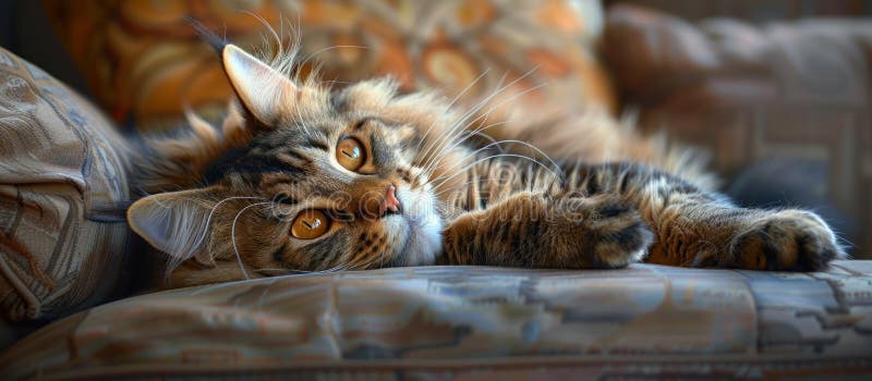 A Maine Coon cat with long hair is lying on its back on a couch, displaying a relaxed posture. AI generated. A Maine Coon cat with long hair is lying on its back on a couch, displaying a relaxed posture. AI generated