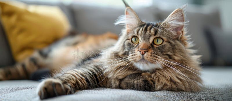 A Maine Coon cat with long hair is lying on top of a couch next to pillows. AI generated. A Maine Coon cat with long hair is lying on top of a couch next to pillows. AI generated