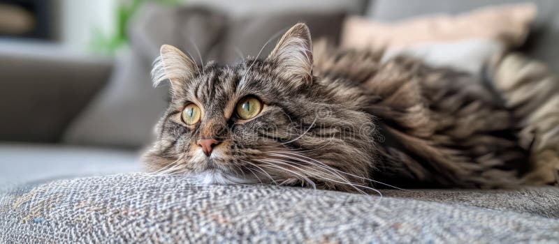 A pensive Maine Coon cat with long hair is comfortably laying on top of a gray couch, basking in the warmth of the indoors. AI generated. A pensive Maine Coon cat with long hair is comfortably laying on top of a gray couch, basking in the warmth of the indoors. AI generated