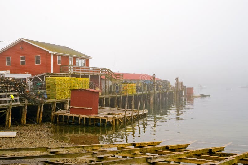 Maine fishing wharf in fog