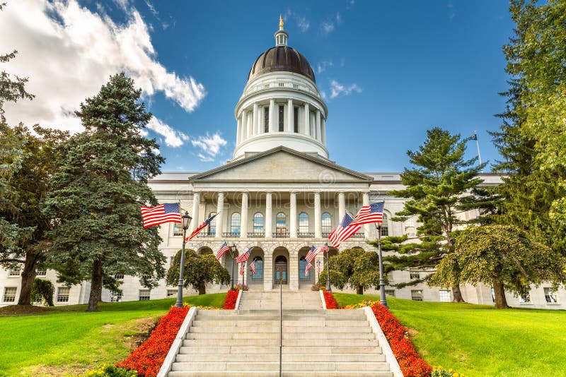 Maine State House, in Augusta, on a sunny day. The building was completed in 1832, one year after Augusta became the capital of Maine. Maine State House, in Augusta, on a sunny day. The building was completed in 1832, one year after Augusta became the capital of Maine