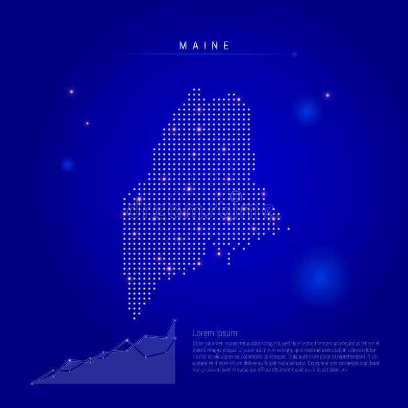 Maine US State Illuminated Map with Glowing Dots. Dark Blue Space