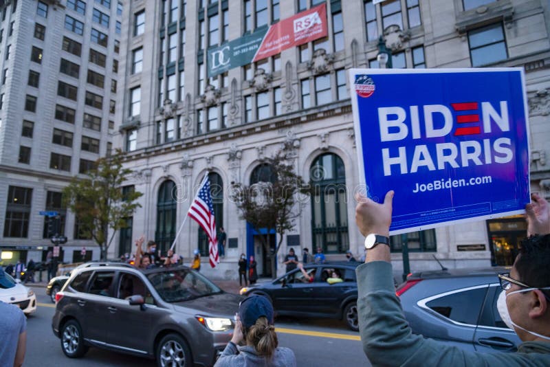 PORTLAND, MAINE, USA - 07 NOVEMBER, 2020: Mainers celebrate Joe Biden`s victory of the 2020 United States presidential election in downtown Portland Maine