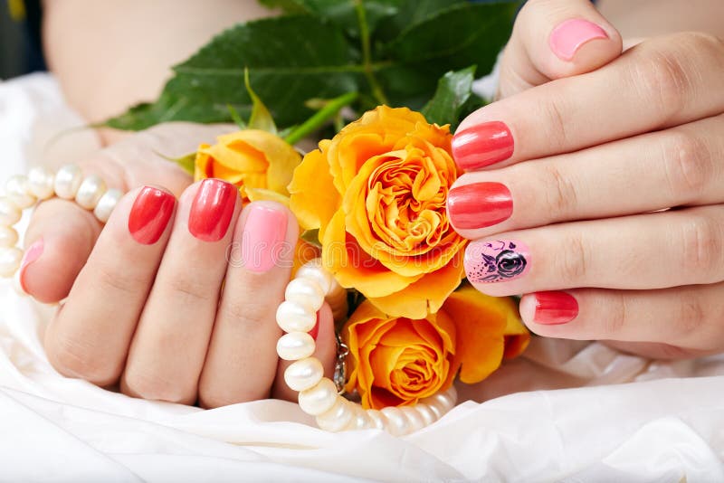 Hands with short manicured nails colored with pink and red nail polish and rose flower. Hands with short manicured nails colored with pink and red nail polish and rose flower