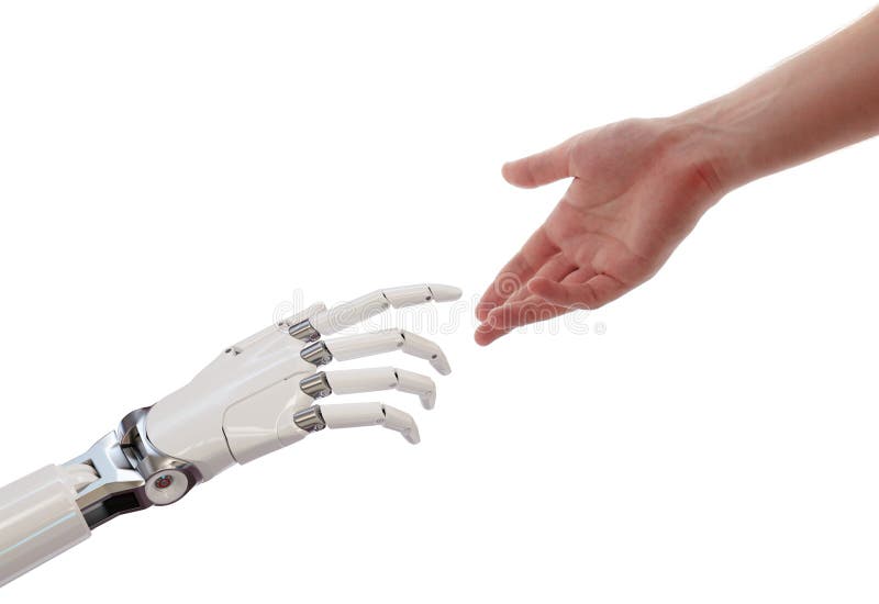 Mains d'humain et de robot atteignant l'illustration du concept 3d d'association d'intelligence artificielle