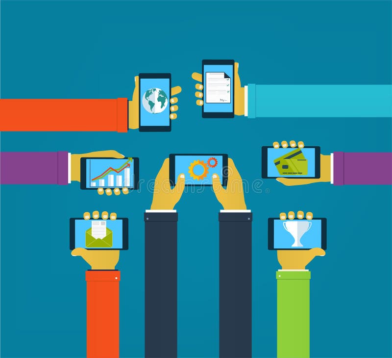 Mains d'interaction utilisant les apps mobiles, apps de mobile de concept illustration libre de droits Mains d'interaction utilisant les apps mobiles, apps de mobile de concept illustration libre de droits