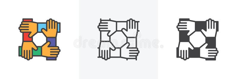 Cooperation hands, teamwork icon. Line, glyph and filled outline colorful version, Team work outline and filled vector sign. Symbol, logo illustration. Different style icons set. Vector graphics. Cooperation hands, teamwork icon. Line, glyph and filled outline colorful version, Team work outline and filled vector sign. Symbol, logo illustration. Different style icons set. Vector graphics