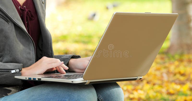 Mains de femme passant en revue sur un ordinateur portable en parc clips vidéos