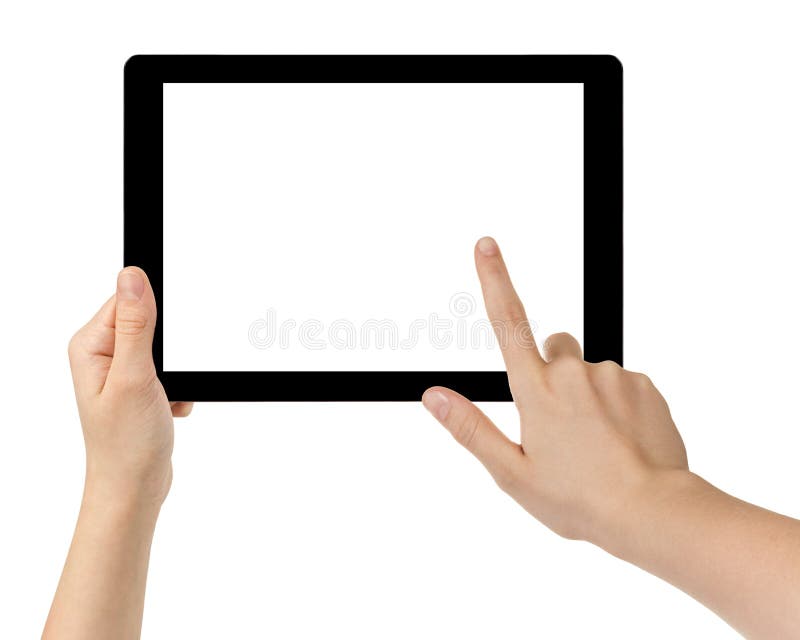 Mains de l'adolescence femelles utilisant le PC de comprimé avec l'écran blanc photos stock