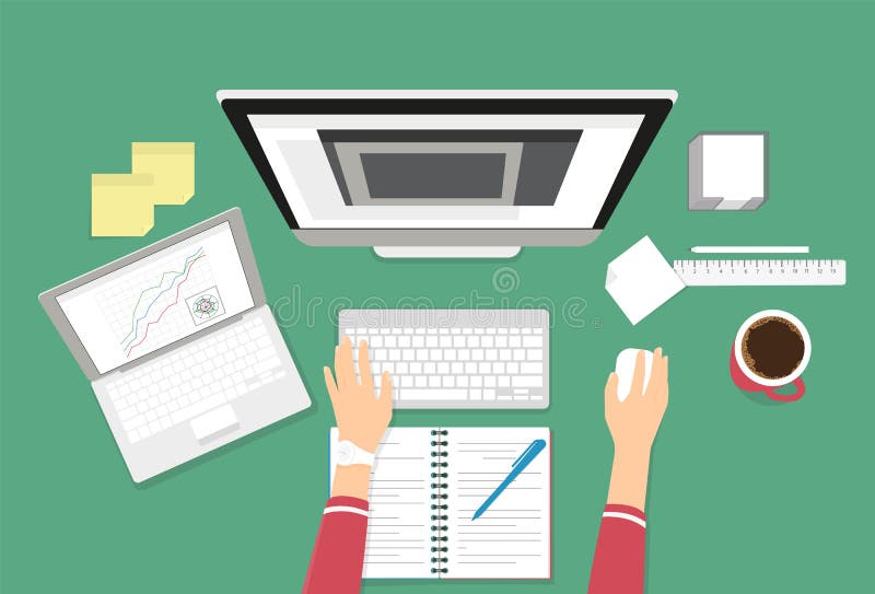 Human female hands typing on the computer keyboard using laptop and notebook for work or learning. Education illustration on green background of working or learning student desktop. Human female hands typing on the computer keyboard using laptop and notebook for work or learning. Education illustration on green background of working or learning student desktop