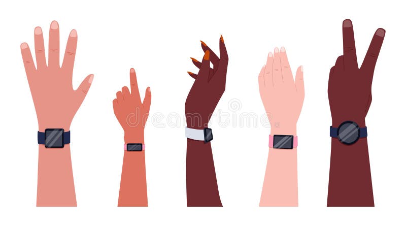 Male and female Hands of people of different ethnic groups with a smart watch or a fitness bracelet. Set of vector flat arms with modern devices. Male and female Hands of people of different ethnic groups with a smart watch or a fitness bracelet. Set of vector flat arms with modern devices.