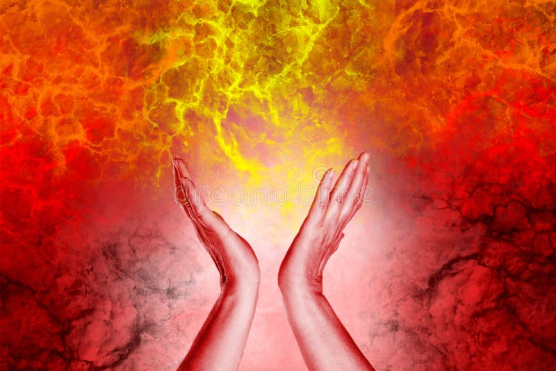 Mains ouvertes avec avec plein de l'énergie Concept rouge de chakra illustration stock Mains ouvertes avec avec plein de l'énergie Concept rouge de chakra illustration stock