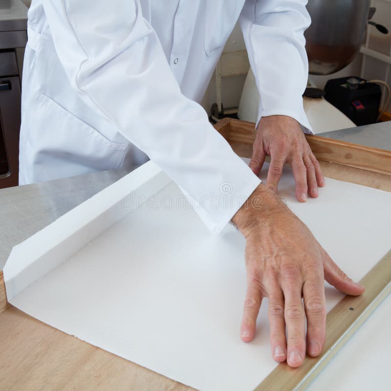 Préparant Le Cadre En Bois Avec Le Papier De Riz En Tant Que Moule Pour Le  Nougat Photo stock - Image du acier, encadrer: 73678122