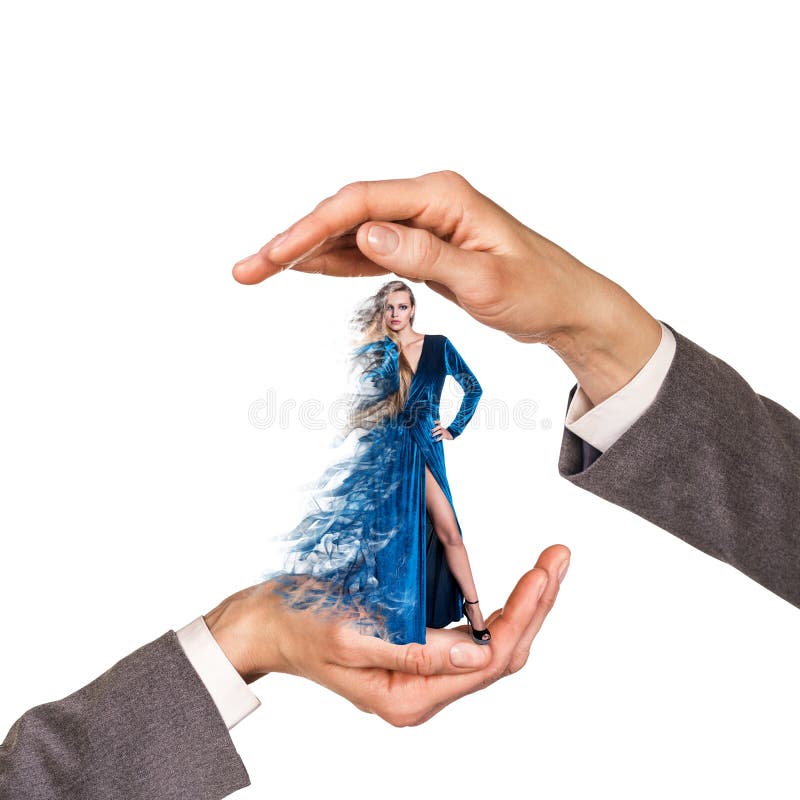 Hands holding woman between palms over white background. Hands holding woman between palms over white background