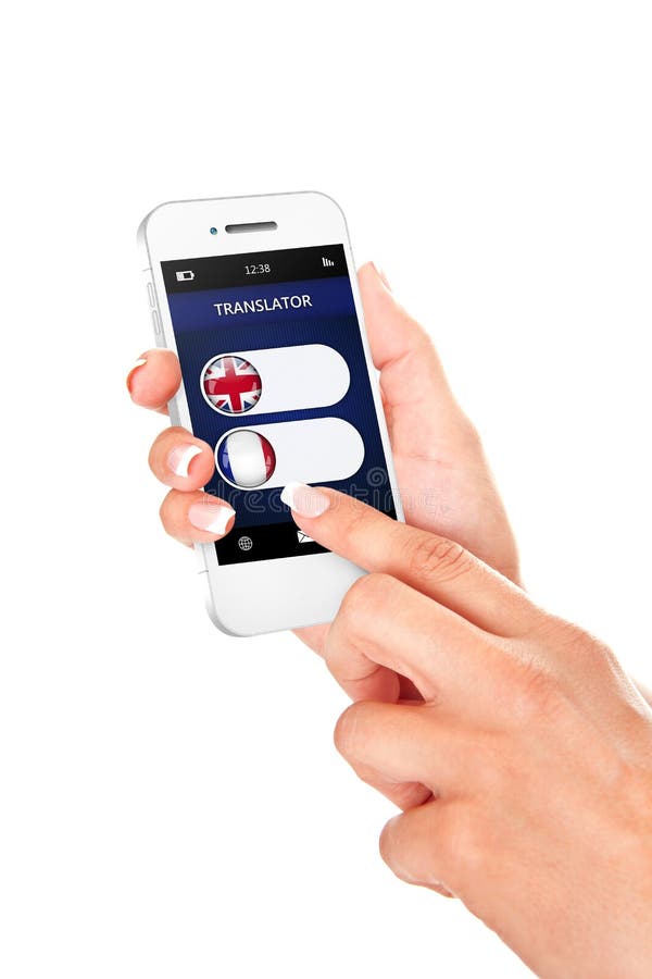 Hands holding mobile phone with language translator application over white background. Hands holding mobile phone with language translator application over white background