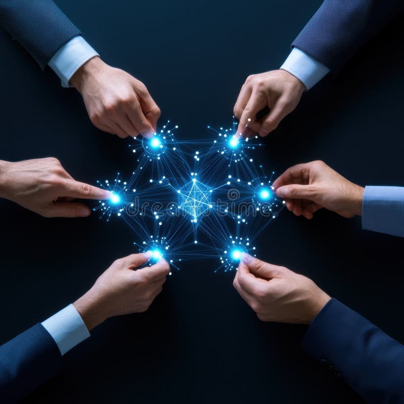Mains tenant un réseau complexe de lignes connectées représentant la technologie blockchain et des réunions stratégiques photo libre de droits