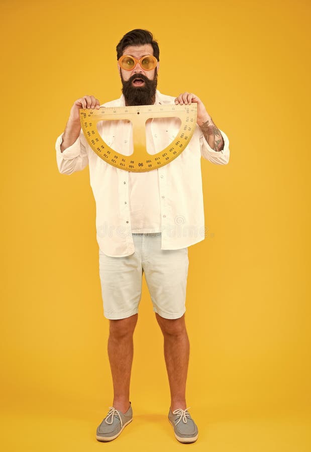 Maintain beard shape. Bearded nerd with protractor. Exploring properties of protractor. Brutal hipster hold protractor royalty free stock photography Maintain beard shape. Bearded nerd with protractor. Exploring properties of protractor. Brutal hipster hold protractor royalty free stock photography