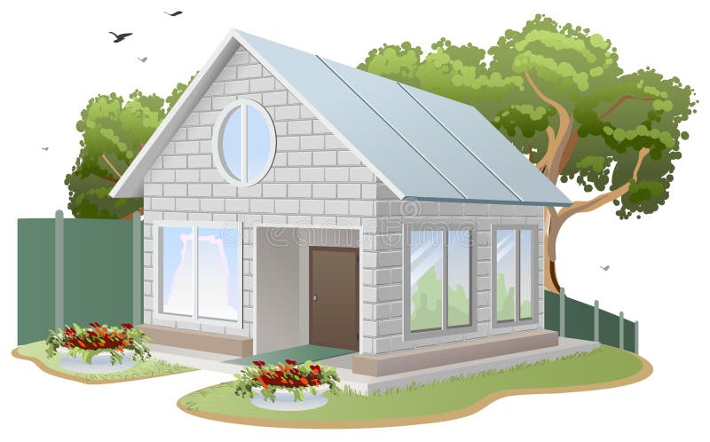 Maison blanche de brique Cottage de pays, arbre, lits de fleur, barrière illustration libre de droits Maison blanche de brique Cottage de pays, arbre, lits de fleur, barrière illustration libre de droits