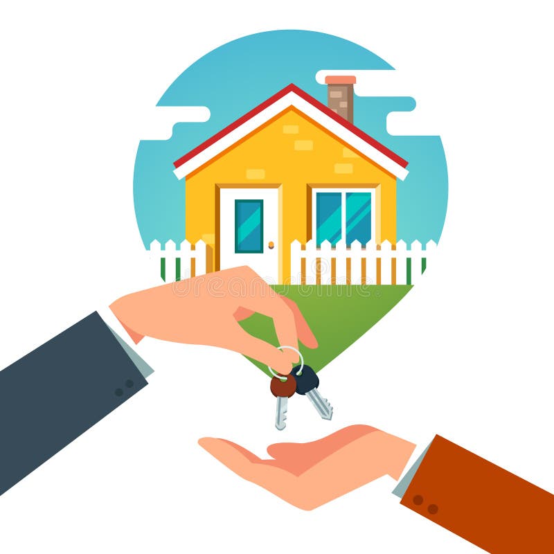 Buying a new house. Real estate agent giving a home keychain to a buyer. Modern flat style vector illustration isolated on white background. Buying a new house. Real estate agent giving a home keychain to a buyer. Modern flat style vector illustration isolated on white background.