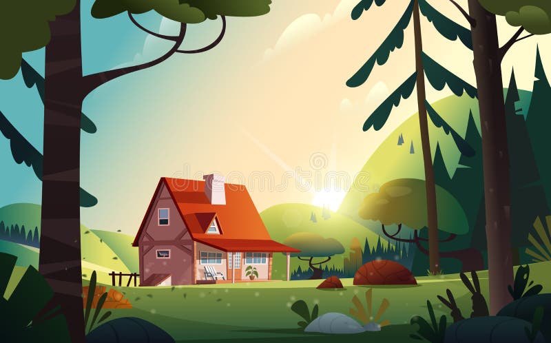 Maison de campagne dans la ferme de forêt dans la campagne Cottage parmi des arbres Illustration de vecteur de dessin animé