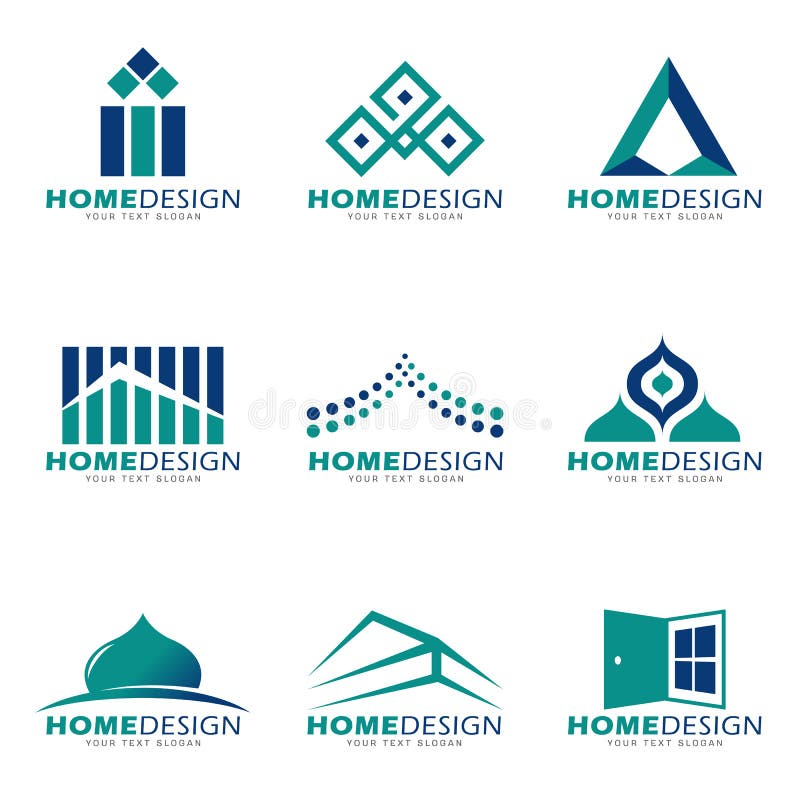 Maison de vert bleu moderne et scénographie de vecteur de logo de boutique illustration libre de droits Maison de vert bleu moderne et scénographie de vecteur de logo de boutique illustration libre de droits