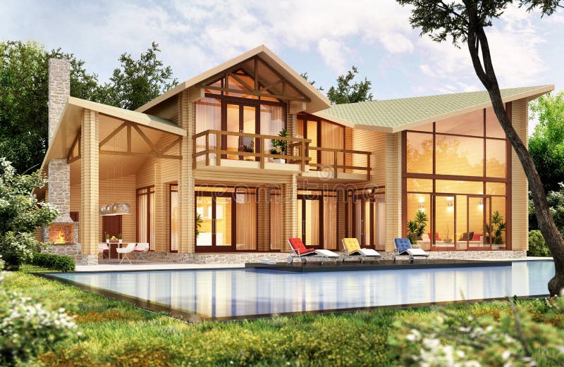 Maison en bois moderne avec la piscine photographie stock libre de droits Maison en bois moderne avec la piscine photographie stock libre de droits
