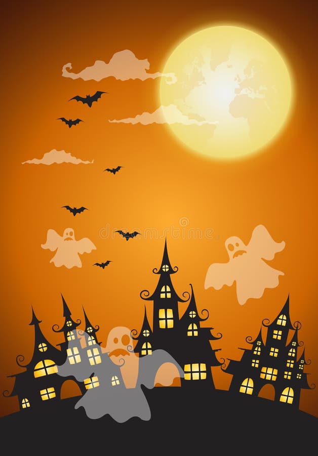 Maison et pleine lune hantées avec le fantôme, backgroun de nuit de Halloween illustration de vecteur Maison et pleine lune hantées avec le fantôme, backgroun de nuit de Halloween illustration de vecteur