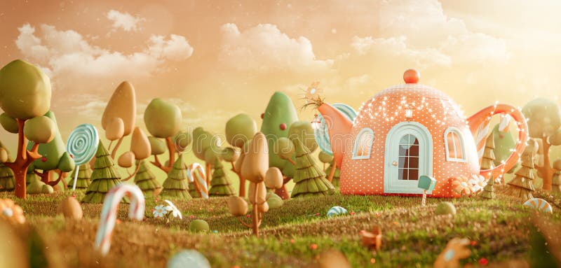 Maison fey époustouflante dans la forme de la théière dans la forêt magique. illustration stock