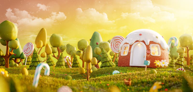Maison fey époustouflante dans la forme du gâteau dans la forêt magique. illustration stock