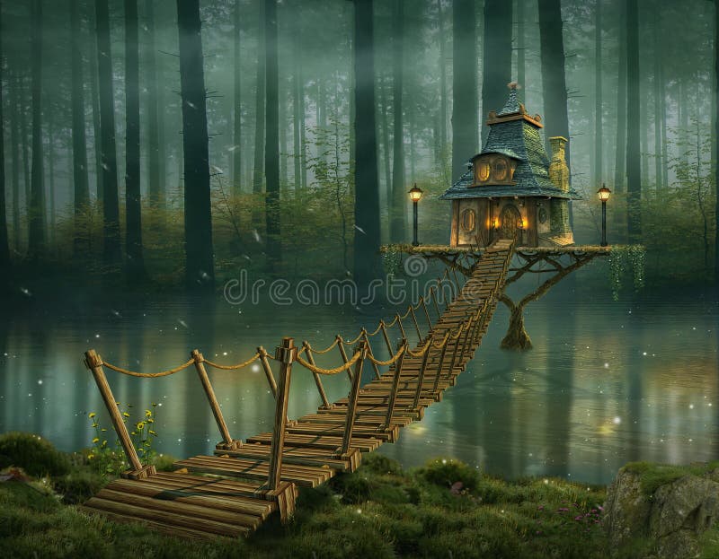 Maison féerique et pont en bois sur la rivière illustration stock