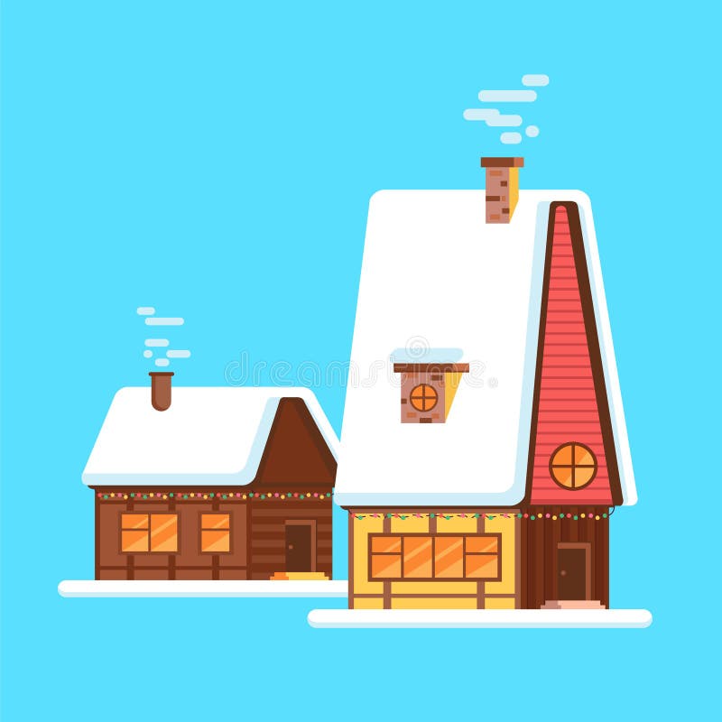 Maison lumineuse mignonne de bande dessinée l'hiver Huttes de village d'hiver de vecteur