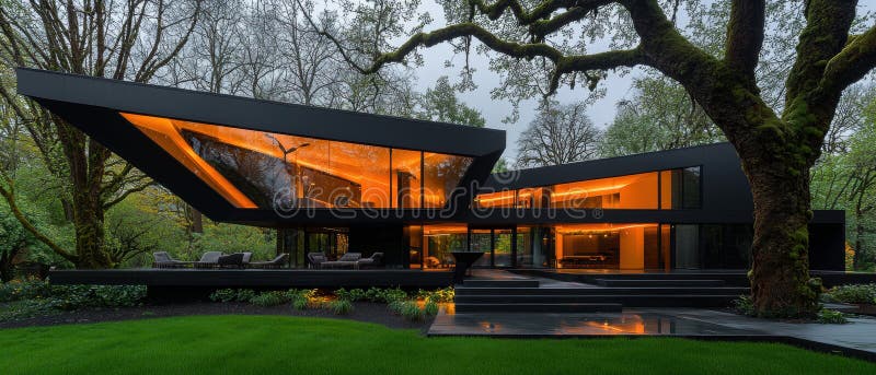 Maison moderne à l'extérieur noir et orange nichée dans une forêt verdoyante. L'image présente une maison noire moderne au design angulaire unique nichée dans une zone boisée luxuriante. La maison dispose de grandes fenêtres et portes vitrées permettant à la lumière naturelle de filtrer et d'éclairer l'intérieur. La maison est située sur une pelouse bien entretenue avec un ensemble d'escaliers menant à l'entrée. Un grand arbre aux branches recouvertes de mousse se dresse dans la cour avant, apportant une touche de nature à l'architecture contemporaine. La maison est éclairée par un éclairage orange chaleureux créant une atmosphère cosy et accueillante. IA générée
