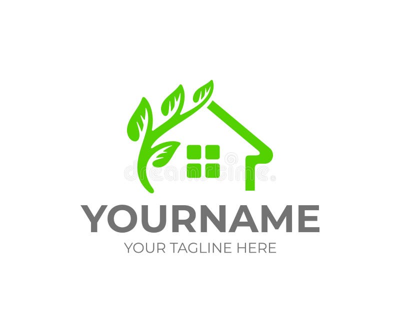 Maison ou maison et branche avec des feuilles, conception de logo Maison futée, construction verte et bâtiment d'eco, conception illustration de vecteur Maison ou maison et branche avec des feuilles, conception de logo Maison futée, construction verte et bâtiment d'eco, conception illustration de vecteur