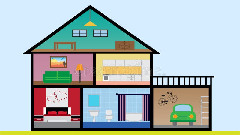 Maison plate de conception avec les salles, la chambre à coucher, la racine vivante, la salle de bains, le garage, la cuisine et illustration libre de droits Maison plate de conception avec les salles, la chambre à coucher, la racine vivante, la salle de bains, le garage, la cuisine et illustration libre de droits