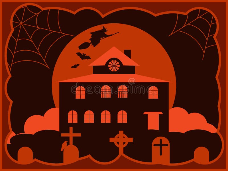 Maison rampante de Halloween avec un cimetière, une sorcière de vol à l'arrière-plan de la lune Vecteur illustration stock Maison rampante de Halloween avec un cimetière, une sorcière de vol à l'arrière-plan de la lune Vecteur illustration stock