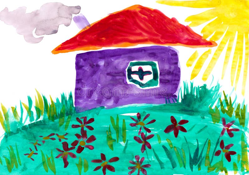 Maison sur le pré avec des fleurs Retrait enfantin illustration libre de droits Maison sur le pré avec des fleurs Retrait enfantin illustration libre de droits