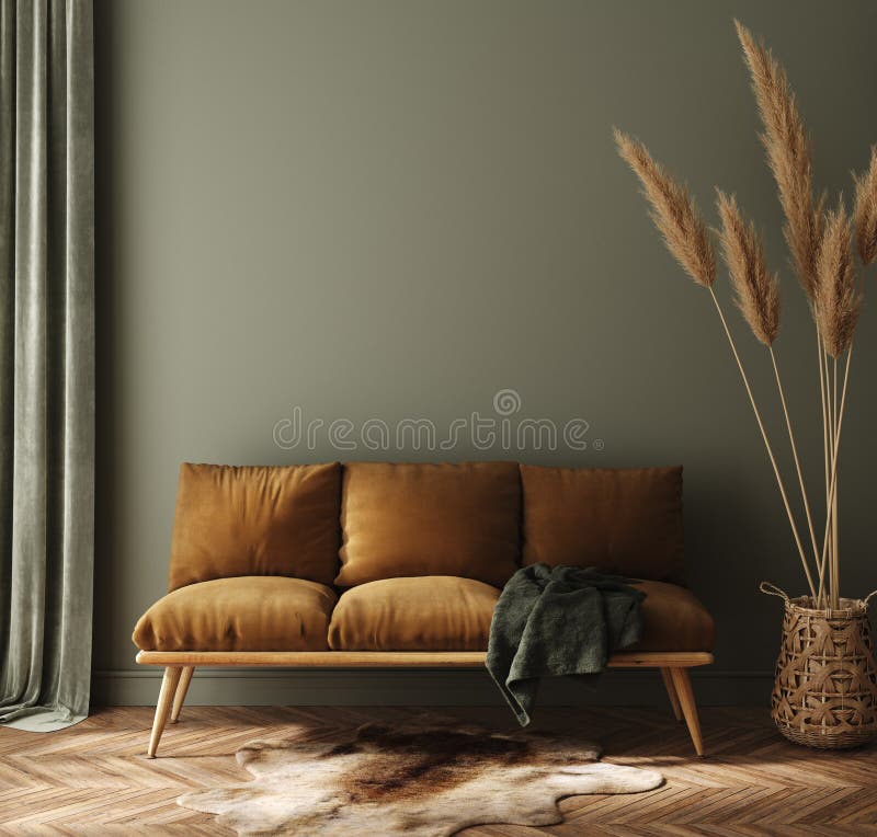 Maison vert foncé moderne intérieure avec le canapé et la pampa bruns dans le panier en osier illustration de vecteur
