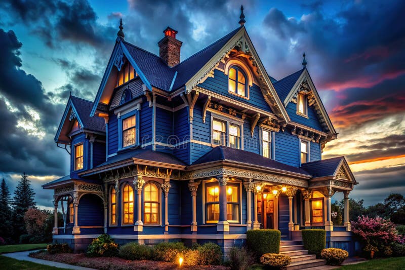 Maison Victorienne Bleue Majestueuse de minuit avec Triage en Pain d'épices complexe sous un ciel crépusculaire Une architecture r illustration libre de droits