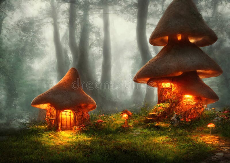 Maisonnettes fantaisie en forêt magique illustration de vecteur