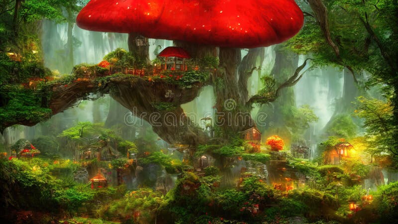 Maisonnettes fantaisie en forêt magique illustration libre de droits
