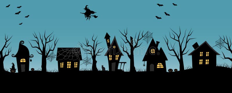 Maisons de Halloween Village fantasmagorique Cadre sans joint illustration stock Maisons de Halloween Village fantasmagorique Cadre sans joint illustration stock
