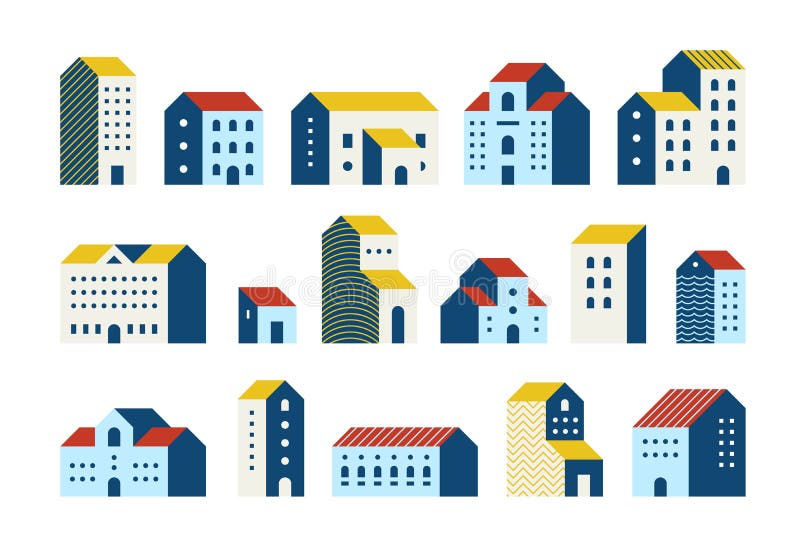 Maisons plates minimales Ensemble géométrique simple de bande dessinée de bâtiments, graphique urbain de maisons de ville de vill illustration libre de droits